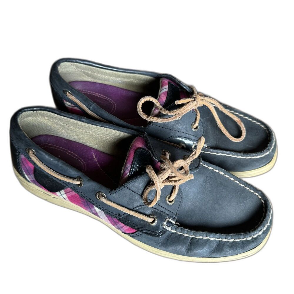 Sperry Boat Shoes Loafers Navy Leather Plaid Lace-Up Women sz 8.5 Preppy Casual